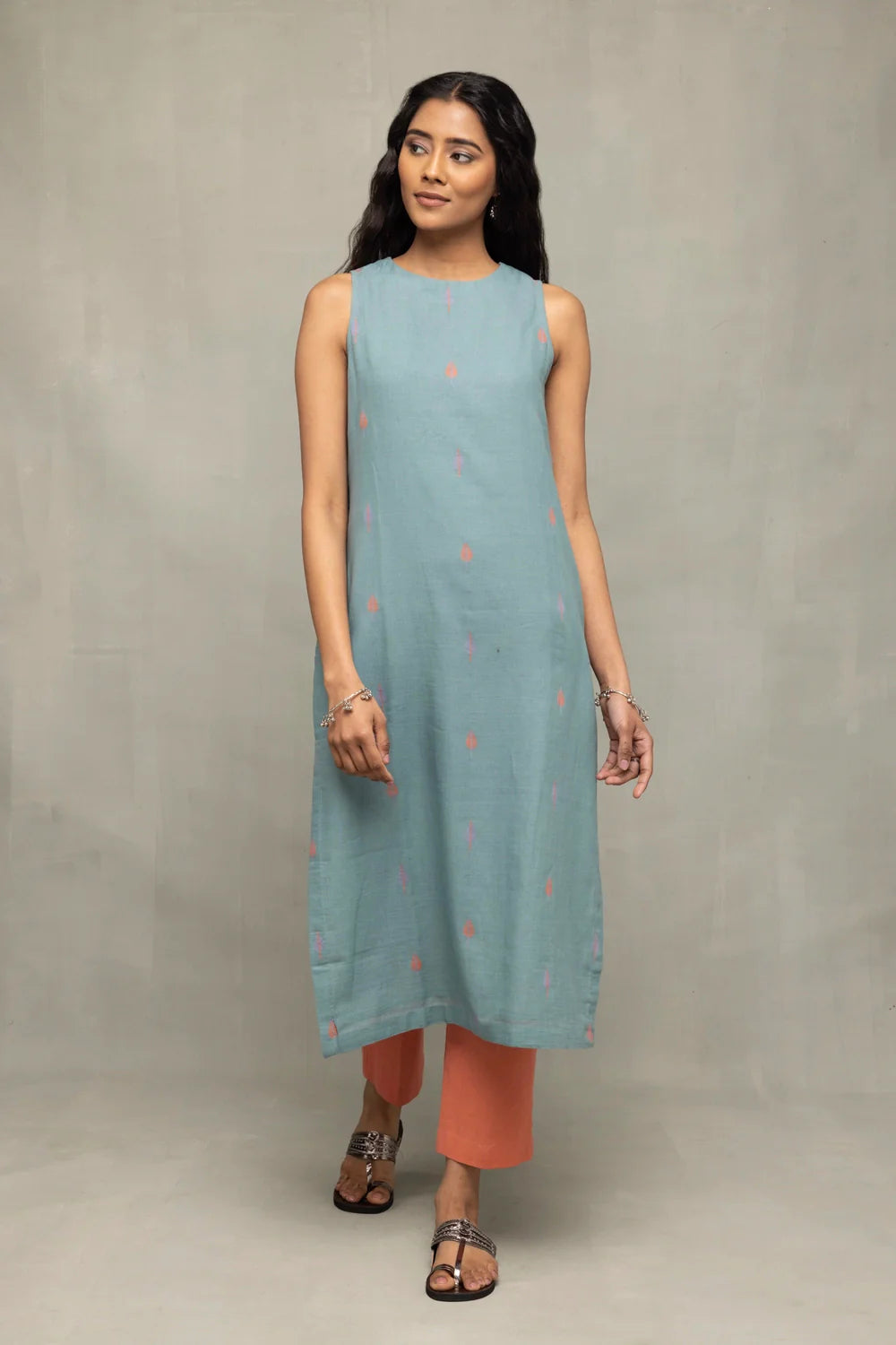 Traditional Zen Blue Jamdani Kurta Set with Leaf Motif Dupatta for Ethnic Wear