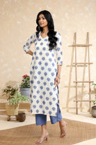 White Blue Handwoven Pure Cotton Ikkat Kurta Set