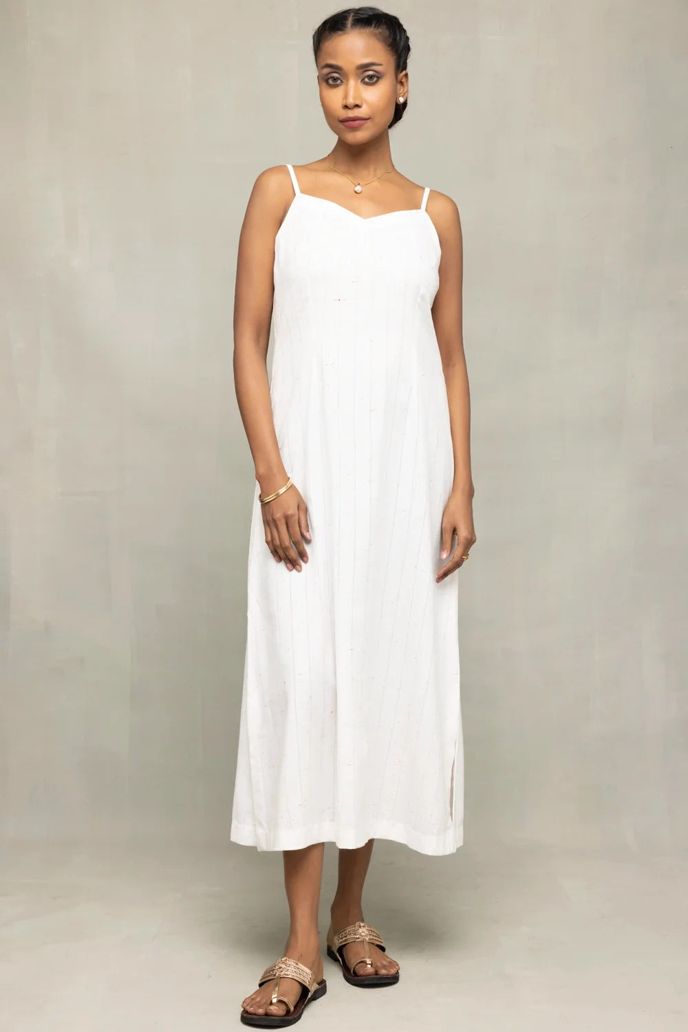 White Silver Stripe Pure Cotton Dress-Sutra Art of Clothing