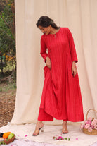 Close Up of Woven Texture on Candy Red Soft Cotton Silk Kurta Set