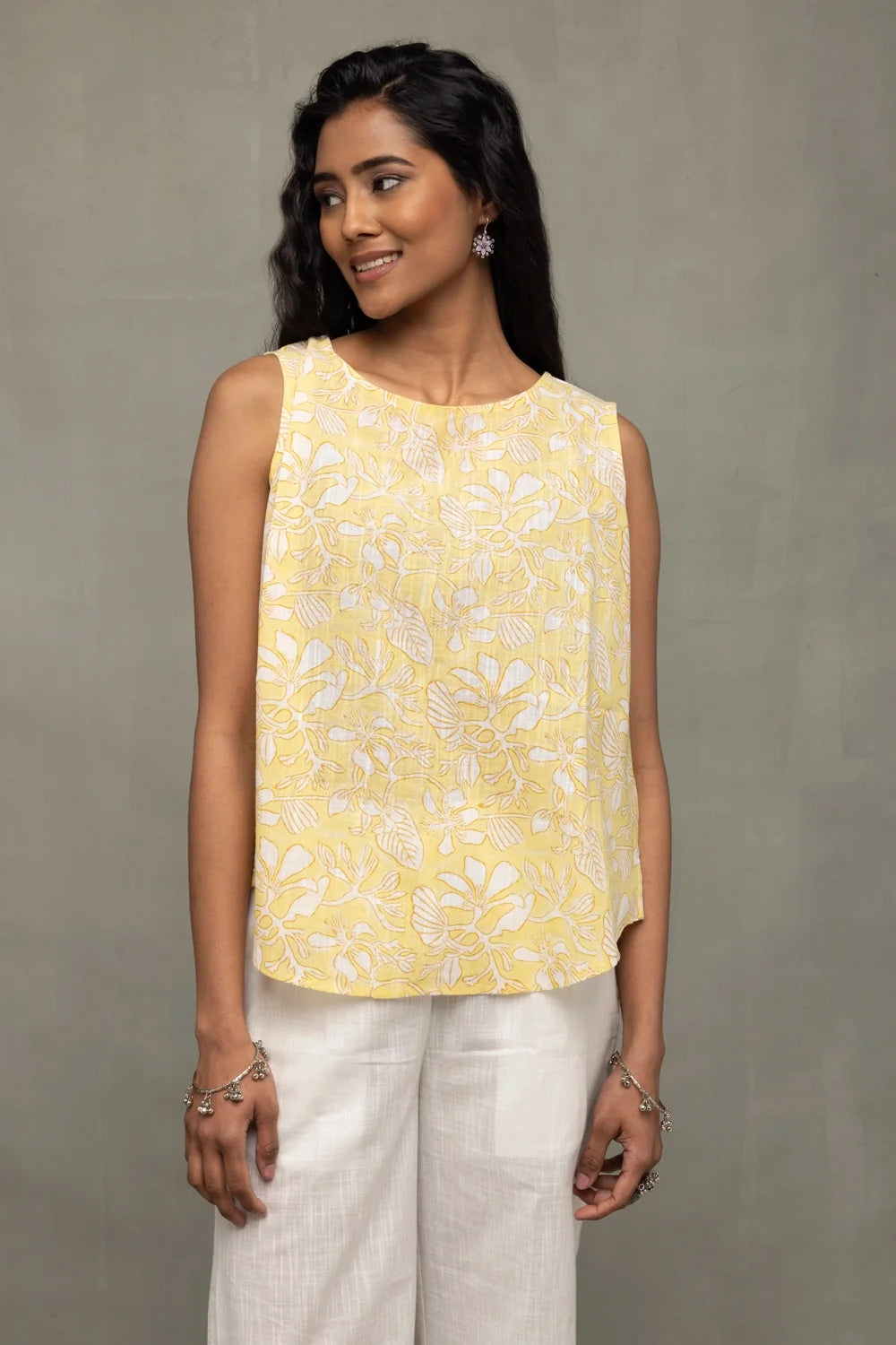 Yellow Hand Block Print Sleeveless Cotton Top with Round Neckline