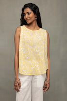 Yellow Hand Block Print Sleeveless Cotton Top with Round Neckline