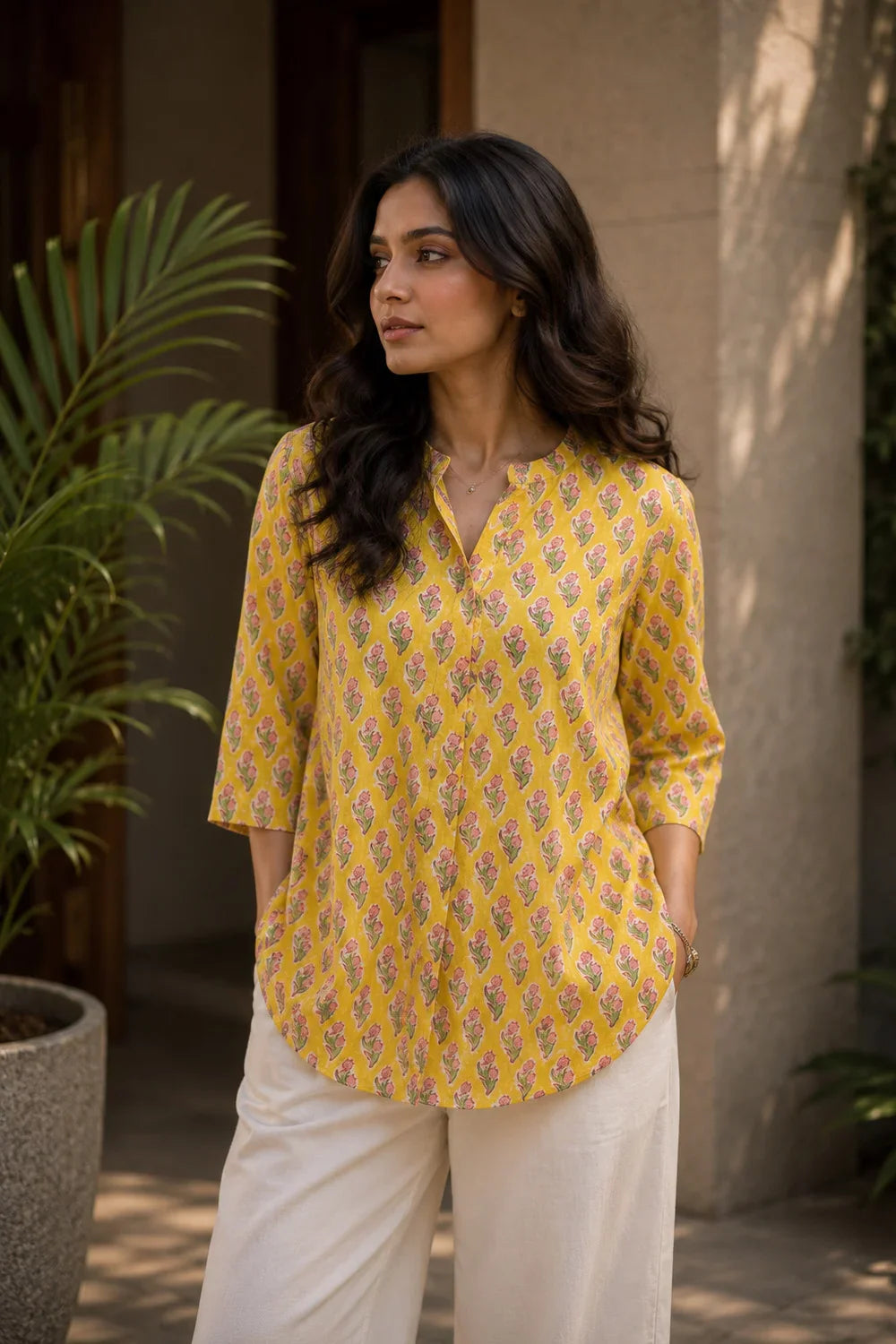 Yellow Pure Cotton Pink Floral Block Print Top