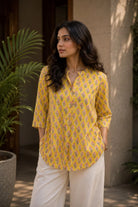 Yellow Pure Cotton Pink Floral Block Print Top-Sutra Art of Clothing