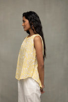 Yellow Sleeveless Cotton Top with White Hand Block Print