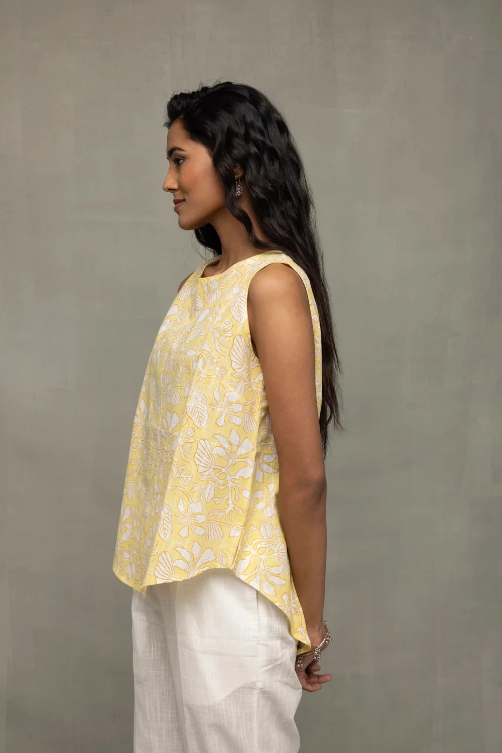 Yellow Sleeveless Cotton Top with White Hand Block Print