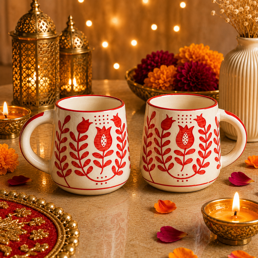 Ruby Heart Red Ceramic Mug Set of 2 – Festive Diwali Gift - https://artecasa.in/