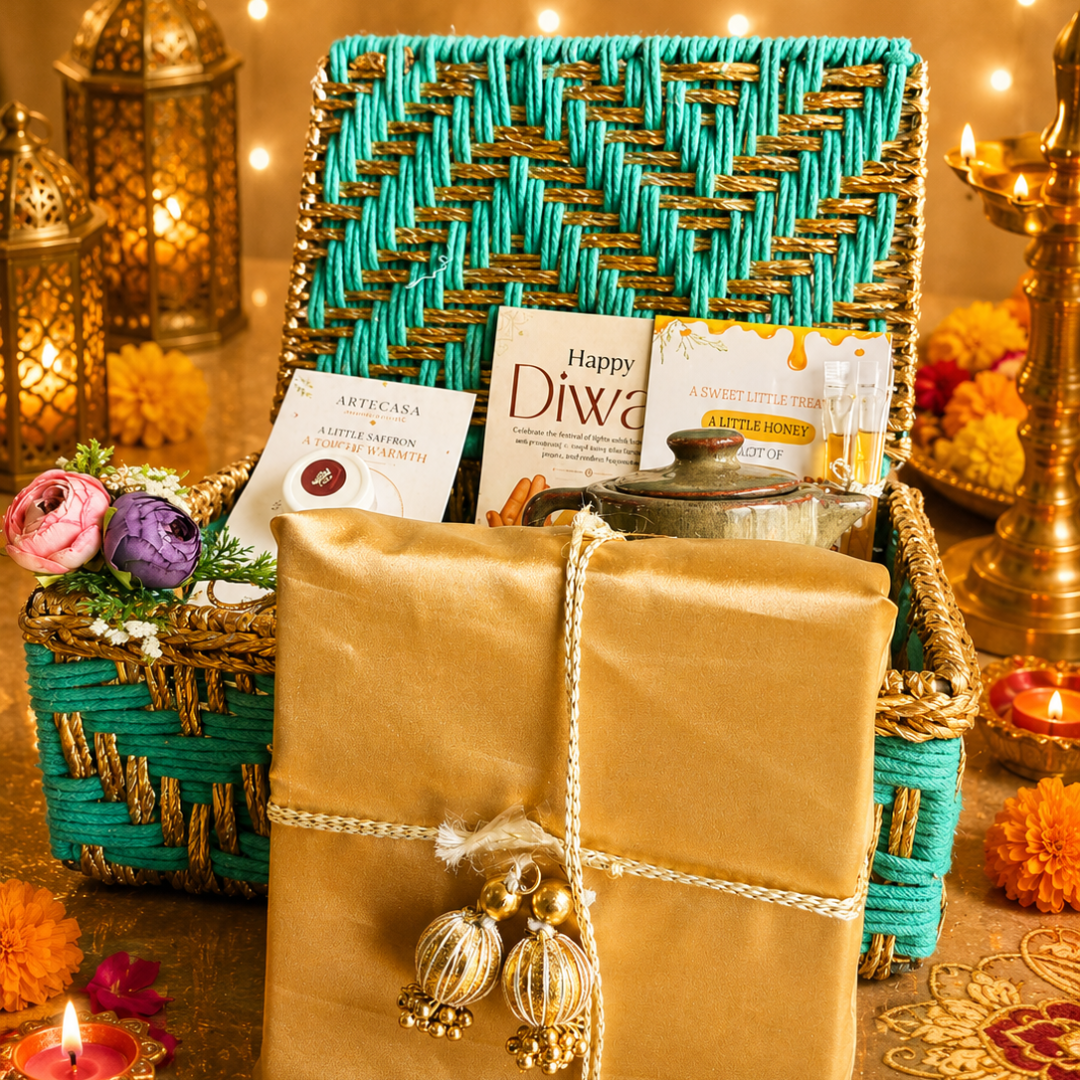 Green Chai & Diya Diwali Gift Basket – Festive Tea & Candle Hamper - https://artecasa.in/
